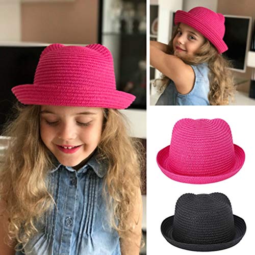 Familyhouse Lovely Cat Ears Straw Sun Hat for Children Kids Summer Travel Bucket Hat Beach Play Hat3
