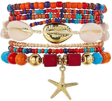 Zian Boho Multilayer Beaded Bracelets for Women Beachy Starfish & Cowrie Shell Stackable Bracelet Set Pink Coral Beaded Summer Jewelry for Vacation Bohemian Coastal Accessories