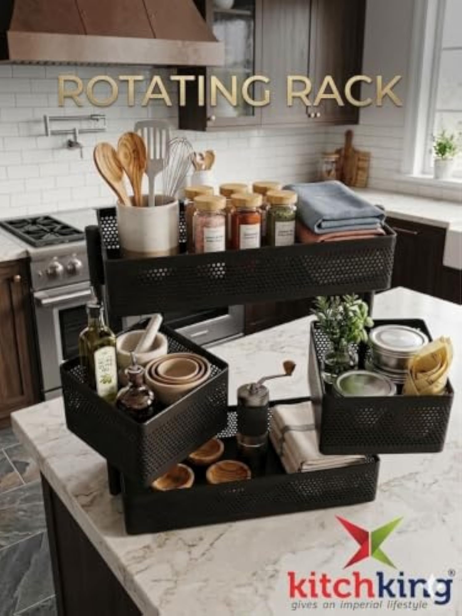 3-Tier Rotating Kitchen Storage Rack with Movable Basket