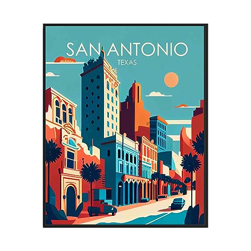 San Antonio Poster Art Print, Texas Retro City Mountain and Lake Landscape Artwork, Wall Art Poster Vintage Decor Landscape Picture For Bedroom Office Home Decor (11x14 inches (Unframed), San Antonio