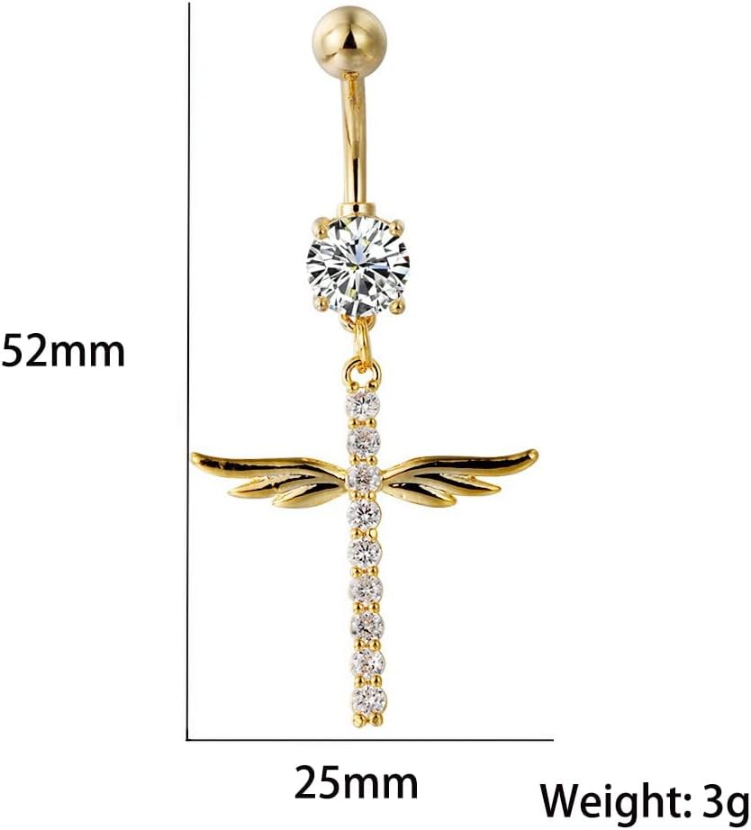 14G CZ Wing Cross Dangle Belly Button Rings for Women 316L Surgical Steel Cross Belly Navel Ring Navel Piercing Barbell Sparkling Body Piercing Jewelry - Image 6