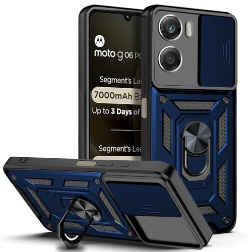 Image of AESTMO Tough Armor Motorola Moto G06 Power 5G Bumper Back Case Cover | Ring Holder & Sliding Camera Shield Cover | 360 Degree Protection Back Case Cover for Motorola Moto G06 Power 5G (Blue)