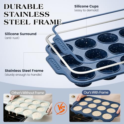 Image of Silicone Muffin Pans for Baking with Metal Reinforced Frame | Nonstick 12-Cup Regular Size Cupcake Tray for Egg Bites, Muffins & Cupcakes, Dishwasher Safe, Dark Blue, 1 Pc