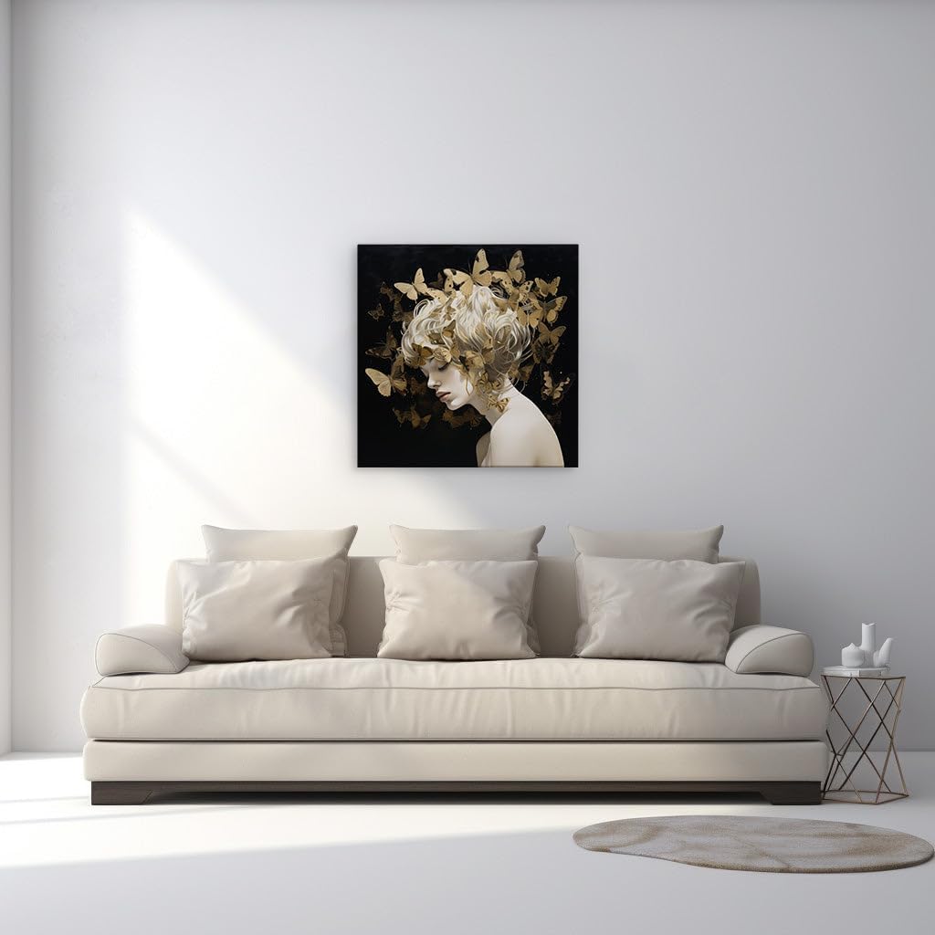 Canvas for Living room. Whispers of Serenity: A Digital Portrait Amidst the Dance of Golden Butterflies, 27 x 18 inch Canvas Wall Art - Contemporary Masterpieces - Modern Home Decor