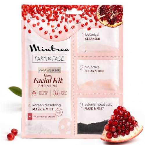 Image of Mintree Organic Pomegranate Brightening at Home Facial Kit for Women with Korean Melting Collagen Film Sheet Mask&Ceramides|DeTan & Anti Aging European Black Mask| Salon Like Glowing Skin-Easy 5 Steps