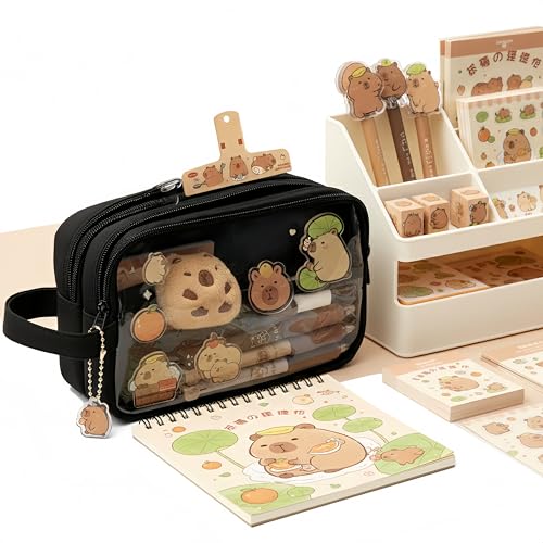 Image of Kawaii Capybara Pencil Case Kit with Plush +Notepad+Pendant+Stickers+Binder clips+Diary Clip+Pens, 5-Layer Large Capacity Capybara Stationery Set Gifts for Office, Makeup. (Black)