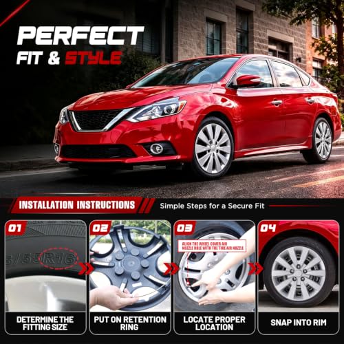 Image of Winjet 16 inch Hubcaps for 2013-2019 Nissan Sentra & 2011-2017 Nissan Leaf Wheel Rim Covers, [Only Fit Iron Hub & Steel Wheel] Heavy Duty PP Material Snap On Installation (16 Inch Set of 4, Lacquer)