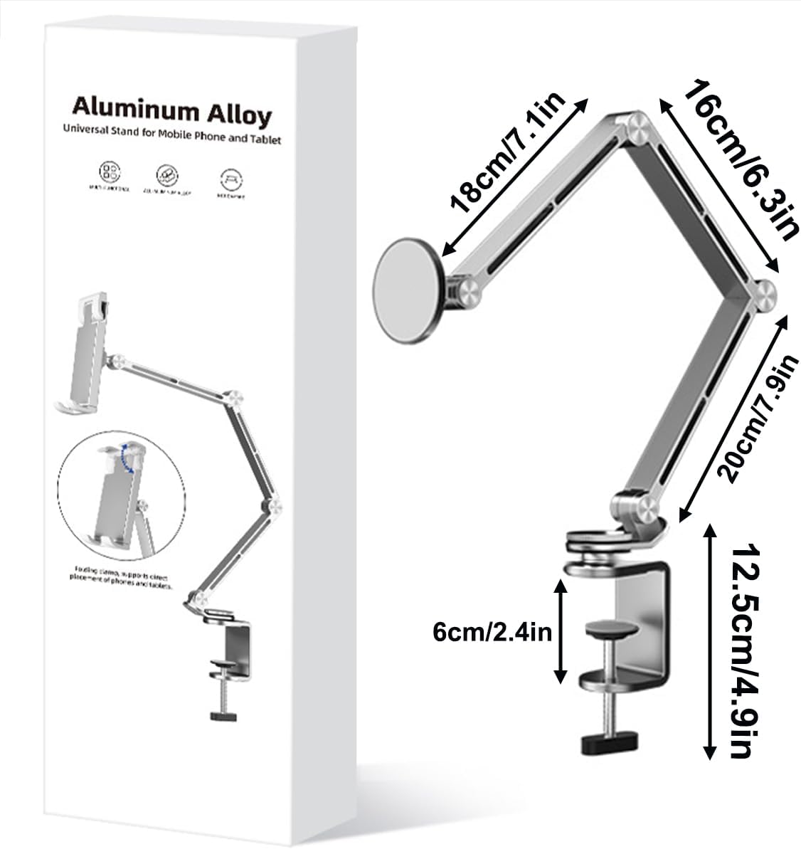 2-in-1 Tablet Stand for Desk, with Clamp & Magnetic Ring Head, Aluminum Foldable Holder Arm with 360°Rotatable Adjustable Base, Clamp Mount for 4"-12.9" Tablets, Phones Devices