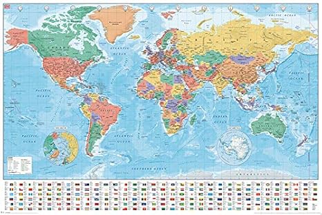 Amazon Co Jp ヨーロッパから見た 世界地図 と 国旗 World Map Flag ポスター 英語表記 文房具 オフィス用品