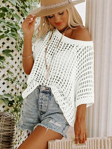 Image of Crochet Tops for Women Off The Shoulder Beach Coverup for Swimsuit Oversized Hollow Out Summer Tops