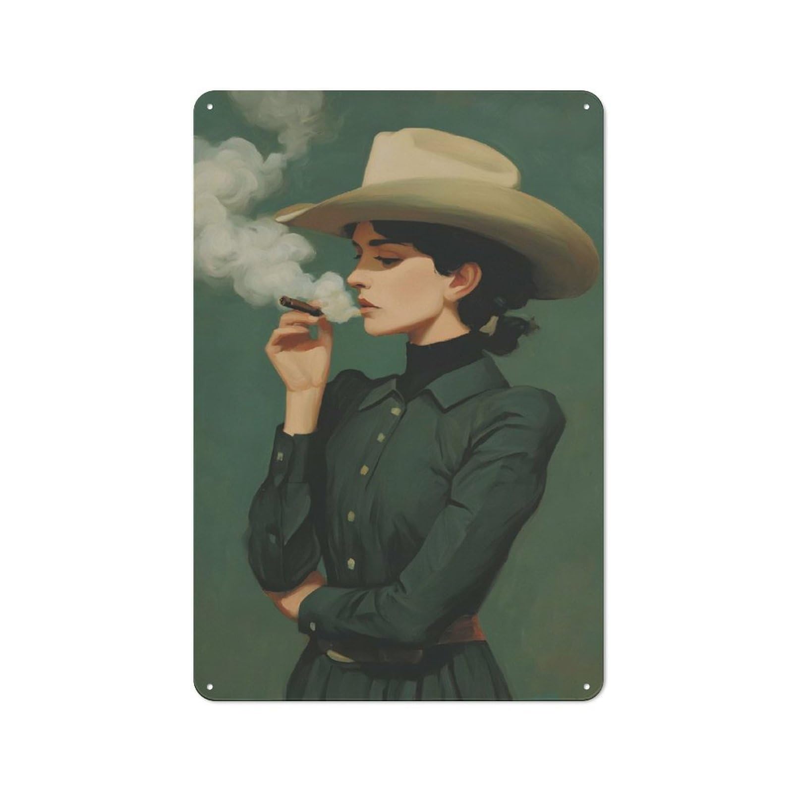 Junmoney Style-21 Cowgirl Smoking Cigar Portrait Printed Metal Sign 30X20cm For Hobby Room Or Studio, Gift Idea At Christmas For Creative Interior Collectors