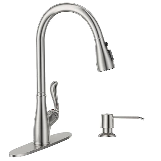 APPASO Patented Kitchen Faucet with Pull Down Sprayer and Soap Dispenser - Single Handle Stainless Steel Brushed Nickel High Arc Pull Out Kitchen Sink Faucets with Deck Plate