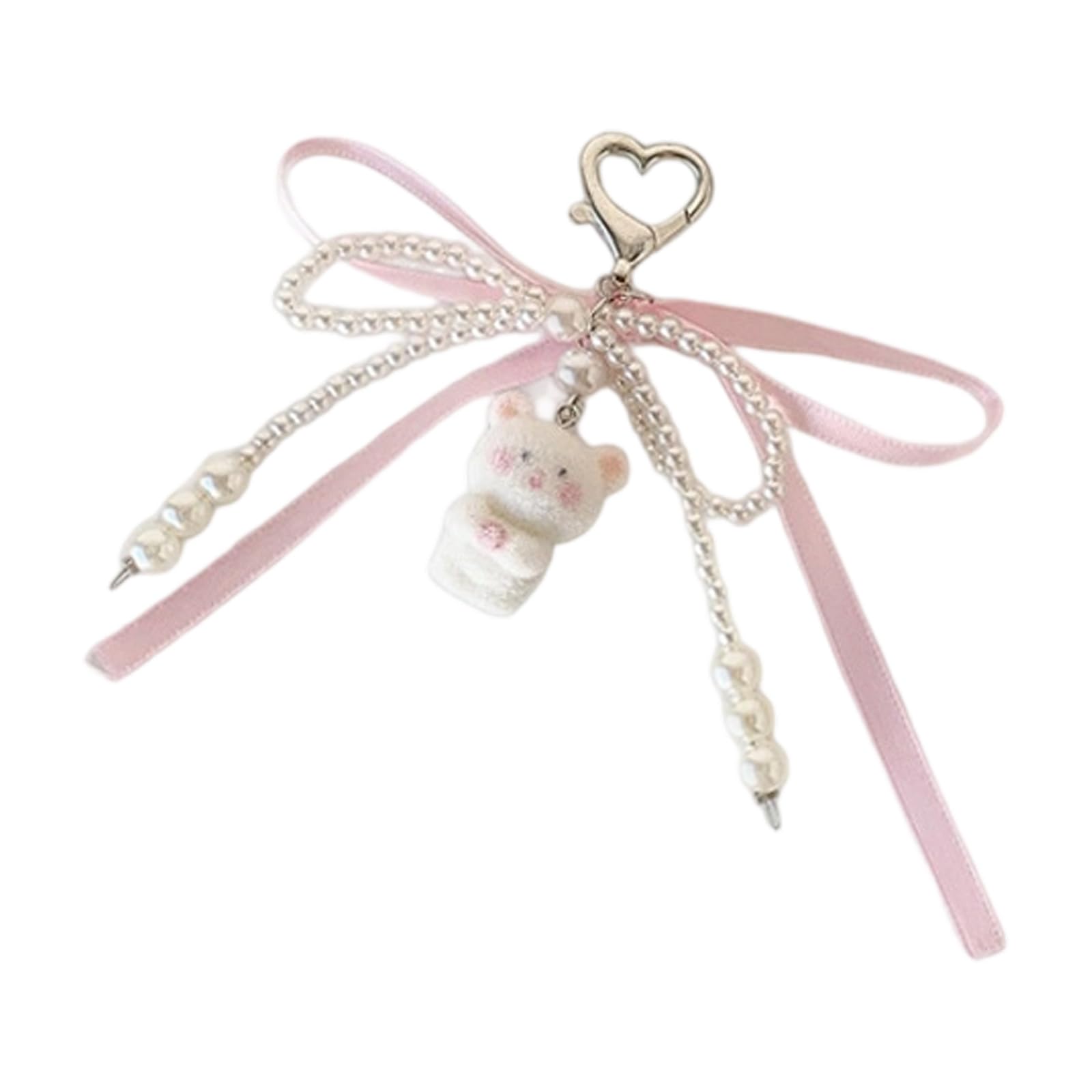 Jazuaiao Stylish Flocking Bear Holder with Pearls Ribbon Decoration Elegant Practical Holder Bag or Keys Accessory Imitation Pearls Bear Keychain with Bowknot