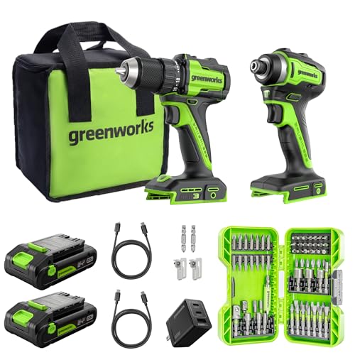 Image of Greenworks 24V Cordless Brushless 400 in-lbs Drill+1950 in-lbs Impact Driver Combo,(2) 2.0Ah USB-C Batteries(12,000mAh Power Bank) and 65W USB-C Fast Charger(3-Port) + 70PCS Impact Rated Driving Set
