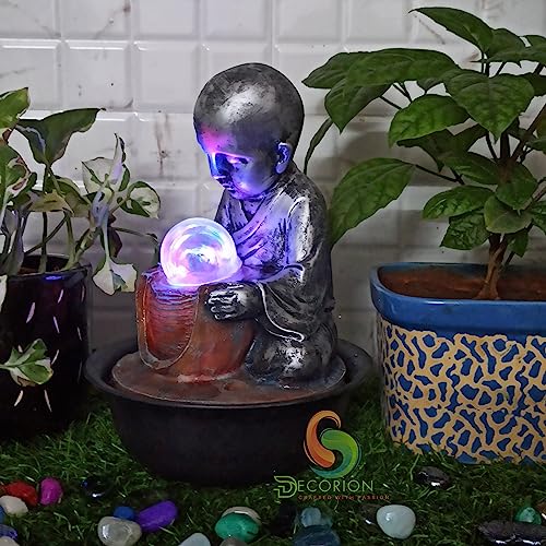 Image of Decorative Table Top Water Fountain for Home Decor /Office /Indoor & Outdoor /Garden /Puja Room /Vaastu with Multicolor LED Light and Adjustable Water Pump (Silver-D-029)