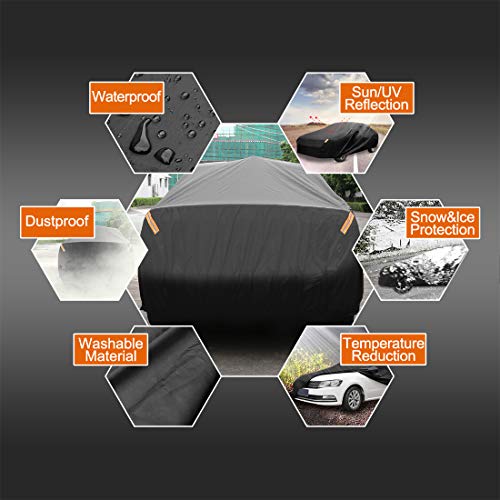 Image of uxcell 190T 450x175x150cm Black Car Cover Waterproof Breathable Scratch Rain Snow Heat Resistant with Driver Door Zipper Mirror Pocket and Reflective Strips