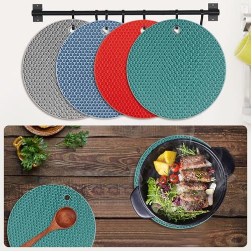 Image of 4 Pack Silicone Trivets for Hot Dishes, Dark Green Silicone Hot Pads Trivet for Hot Pots and Pans, 4 PCS Heat Resistant Silicone Mats Pot Holders for Kitchen Counter, Large Coasters & Jar Opener