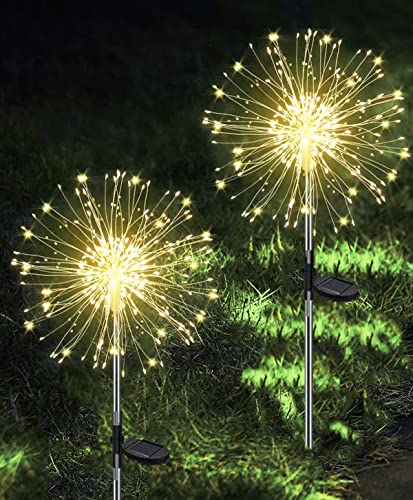 Joysing Gartendeko Solar Gartenleuchte Au&szlig;en, 2 St&uuml;ck 150 LED Solarleuchten Feuerwerk, 8 Modi Solar Pusteblume Gartenstecker Wasserdicht Solarlampen f&uuml;r Garten Balkon Terrasse - Warmwei&szlig;