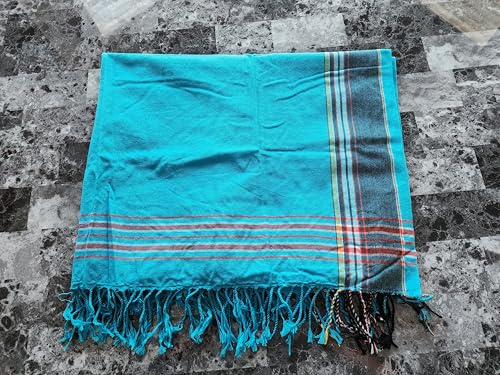 Unisex African Kikoy Scarf, Sarong, Wrap, Throw - 100% Cotton, Handmade Tassels, Multi-Use Beach Cover-Up, Towel, Picnic Blanket, & More - Turquoise Blue.3
