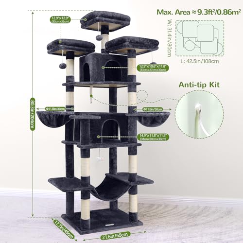 Image of Globlazer Big Cat Tower for Indoor Cats, 80inch Cat Tower for Multiple Adult Cats XXL Cat Tree with Scratching Post, Hammock, 3 Perches, 2 Condos, 2 Hanging Basket, F80, Dark Grey
