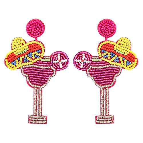 Beaded Glass Handmade Dangle Earrings-Champagne Bottle Sparkling Wine Party Celebration Novelty Cocktail Glass Dangle Drop Earrings for Women Girls (Rose Red)