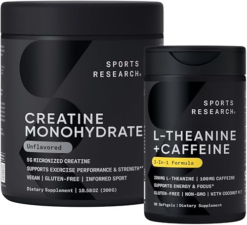 Sports Research® Zen Strength Pack - Creatine Monohydrate Powder + L-Theanine Supplement with Caffeine & Coconut MCT Oil