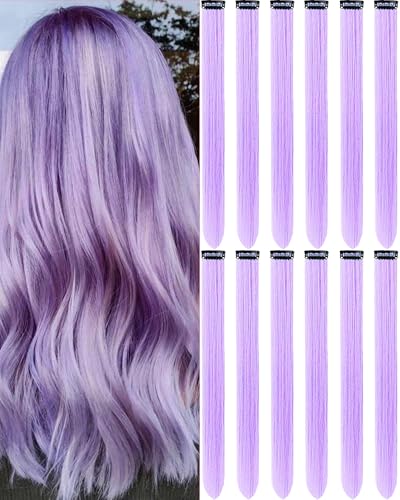 Olldag 12 PCS Light Purple Hair Extensions Clip in 22 Inch Colored Hair Extensions Party Highlights Long Straight Synthetic Hairpieces for Women Halloween Christmas Cosplay