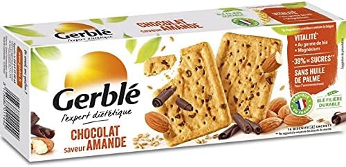 Gerblé Vitalité, Biscuits Chocolat Amandes, Allégés en sucres, Sans huile de palme, 1 boîte de 16 bi