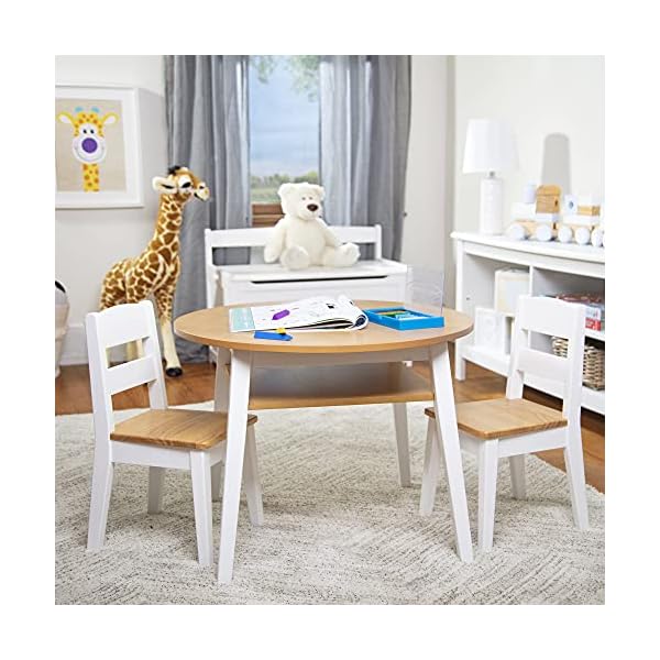 Melissa & Doug Wooden Round Table and 2 Chairs Set – Kids Furniture for Playroom, Light Woodgrain and White 2-Tone Finish - Image 4