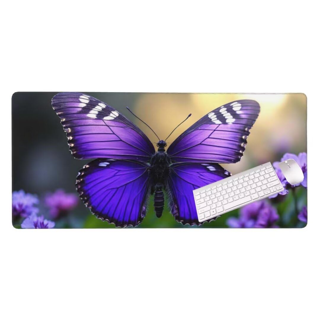 Alfombrilla de ratón 1400x600x3 MM, Alfombrilla Ratón XXL Extendida de Gran Tamaño con Bordes Cosidos, Base de Goma Antideslizante Almohadilla para Teclado, Mariposa púrpura S-12701