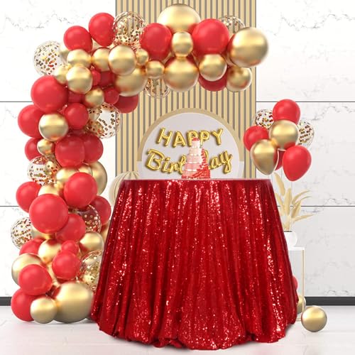 SquarePie Round Sequin Tablecloth 90 Inch Red Sparkly Table Cloth for Wedding Party