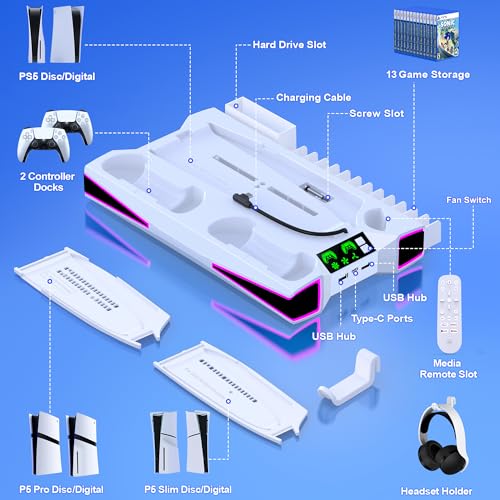 kawaye ps5 stand cooling station for ps5proslim console ps5 accessories vertical stand with 236in large p5 fan cooling fan colorful light dual controller charger headset holder 3 charger port