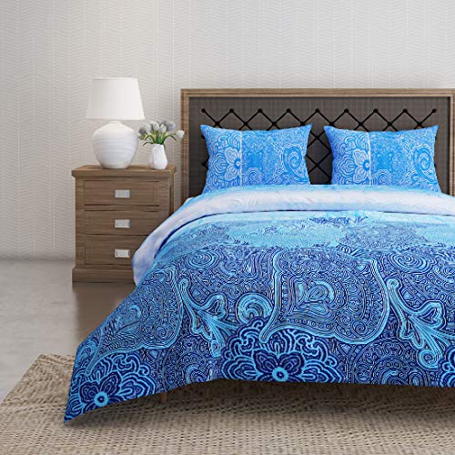 Image of Swayam Pure Cotton Double Bedsheet with 2 Pillow Covers | Size 90 x 100 inch | 160 TC | Ethnic Motifs Design | Soft Breathable Bed Sheet | Comfortable & Durable for Bedroom - Blue