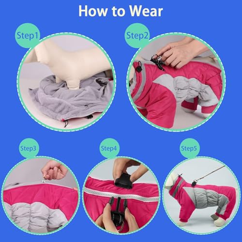 Image of MIGOHI Full Body Dog Coat,Warm Coats for Small Dogs | Reflective Winter Coat for Dogs with Harness,Turtleneck Dog Snowsuit with Legs,Windproof Pet Fleece Puffer Jacket,S,Rosered