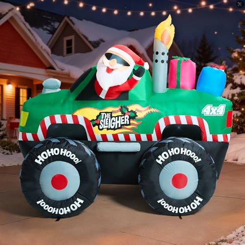 7 FT Long Santa in Monster Truck Christmas Inflatables Outdoor Decorations Christmas Blow Up Santa Claus Yard Decorations for Garden Lawn Xmas Decor