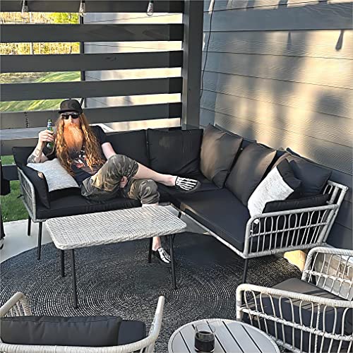 Yitahome 4 Pieces Patio Furniture Set, Outdoor Rope Woven Conversation Sectional L-Shaped Sofa With 5 Seater For Backyard, Porch, Boho Detachable Lounger With Thickness Cushions And Side Table - Black #TOP6