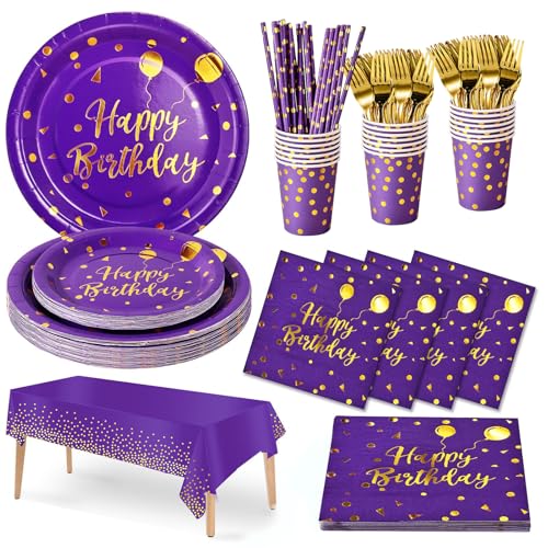 Nkaiso Compleanno Stoviglie per Feste, 20 Ospiti Violaceo Oro Stoviglie Carta Set Include Piatti di Carta Tovaglioli Tazze Riutilizzabili Stoviglie Decorazioni per Feste per Bambini