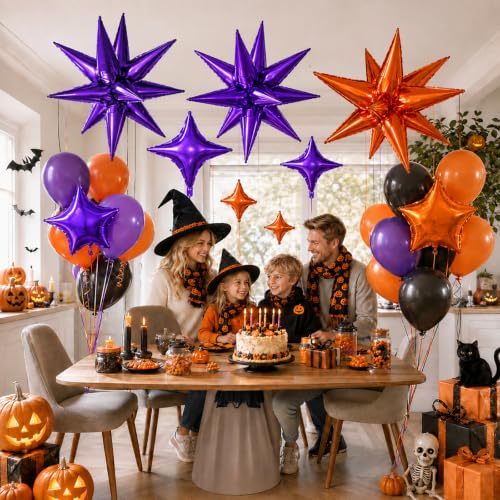 Image of Star Balloons Halloween Balloon Purple Orange Explosion Stars Balloon | 22 /18 /10 In Metallic Orange Purple Spike Stars Foil Balloon for Halloween Ghost Themed Birthday Gradution Party Decorations