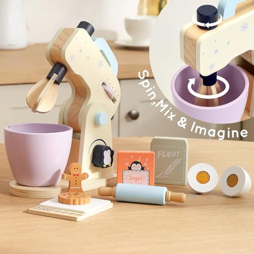 image for PairPear Wooden Toy Mixer for Kids Kitchen Playset –10 Piece Play Mi