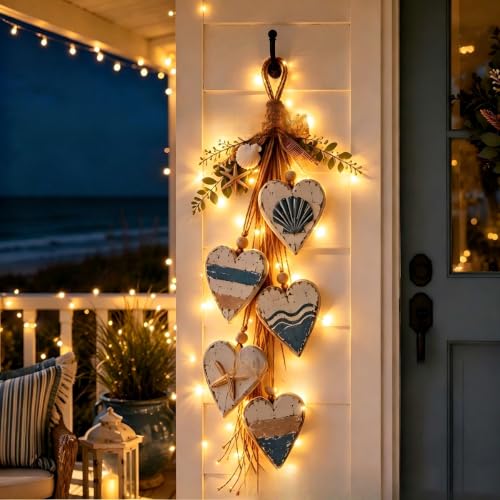 Hanging Heart Wall Decor Rustic Farmhouse 5 Layer Wooden Hearts with Jute Rope and Burlap Bow, LED Light for Front Door Bedroom Entryway Decor (Blue with Light) โ image 1