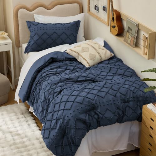 Bedsure Boho Tufted Navy Twin XL Comforter Set, Farmhouse-Style Bedding