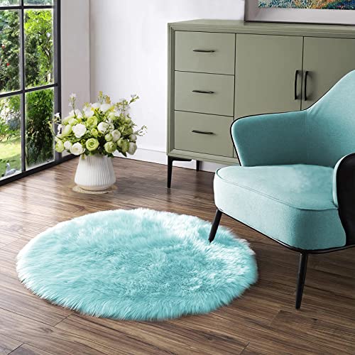 Latepis Fluffy Light Blue Round Rug 5ft Faux Fur Fluffy Washable Rugs Shag Circle Rugs for Living Room Bedroom Plush Throw Rug Room Decor