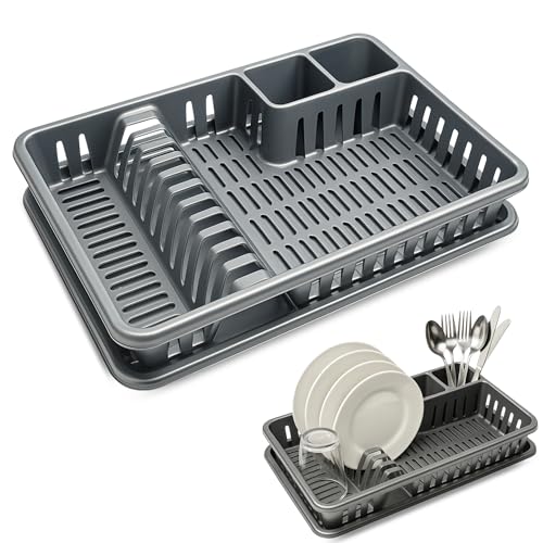 CHEFZOCO Escurreplato de plástico, Escurridor de Platos, Escurridor Fregadero de 2 módulos, con Bandeja Anti-Goteo, 45 cm de Ancho x 29.7 cm de Fondo x 8 cm de Altura, Gris