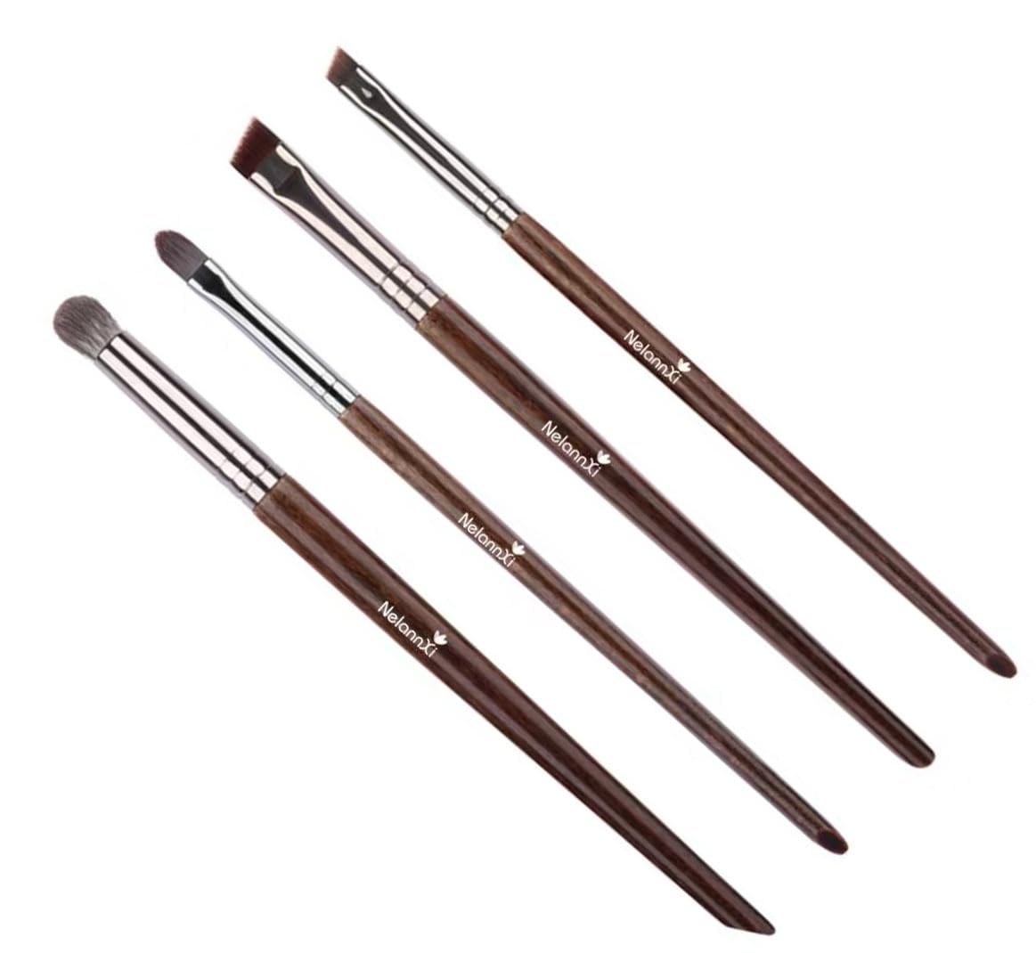 Set di 4 pennelli professionali da trucco, setole in fibra sintetica vegana, pennelli angolati per sopracciglia, eyeliner, labbra e correttore, con manici in legno di faggio