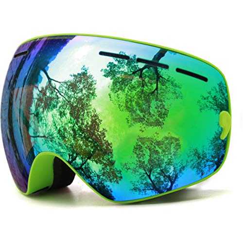 Image of JULI Kids Ski Goggles,Interchangeable Double Layer Spherical Lens,OTG Anti-Fog Snowboard Skate Snow Goggles Age 4-16 4300(Green)