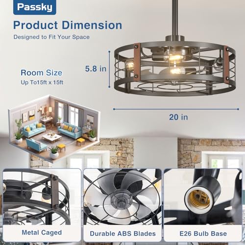 Image of Passky 20 Inch Farmhouse Caged Ceiling Fans with Lights and Remote, Black Downrod Mount Bladeless Fandelier, 6 Speeds Bladeless Ceiling Fan Light for Bedroom, Kitchen, Living Room, Indoor