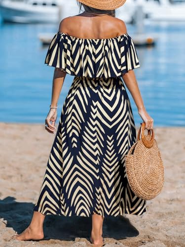 Image of CUPSHE Women Ruffle Floral Maxi Summer Dress Off Shoulder Short Sleeve Backless Flounce Bodice Slit Hem Beach Dresses