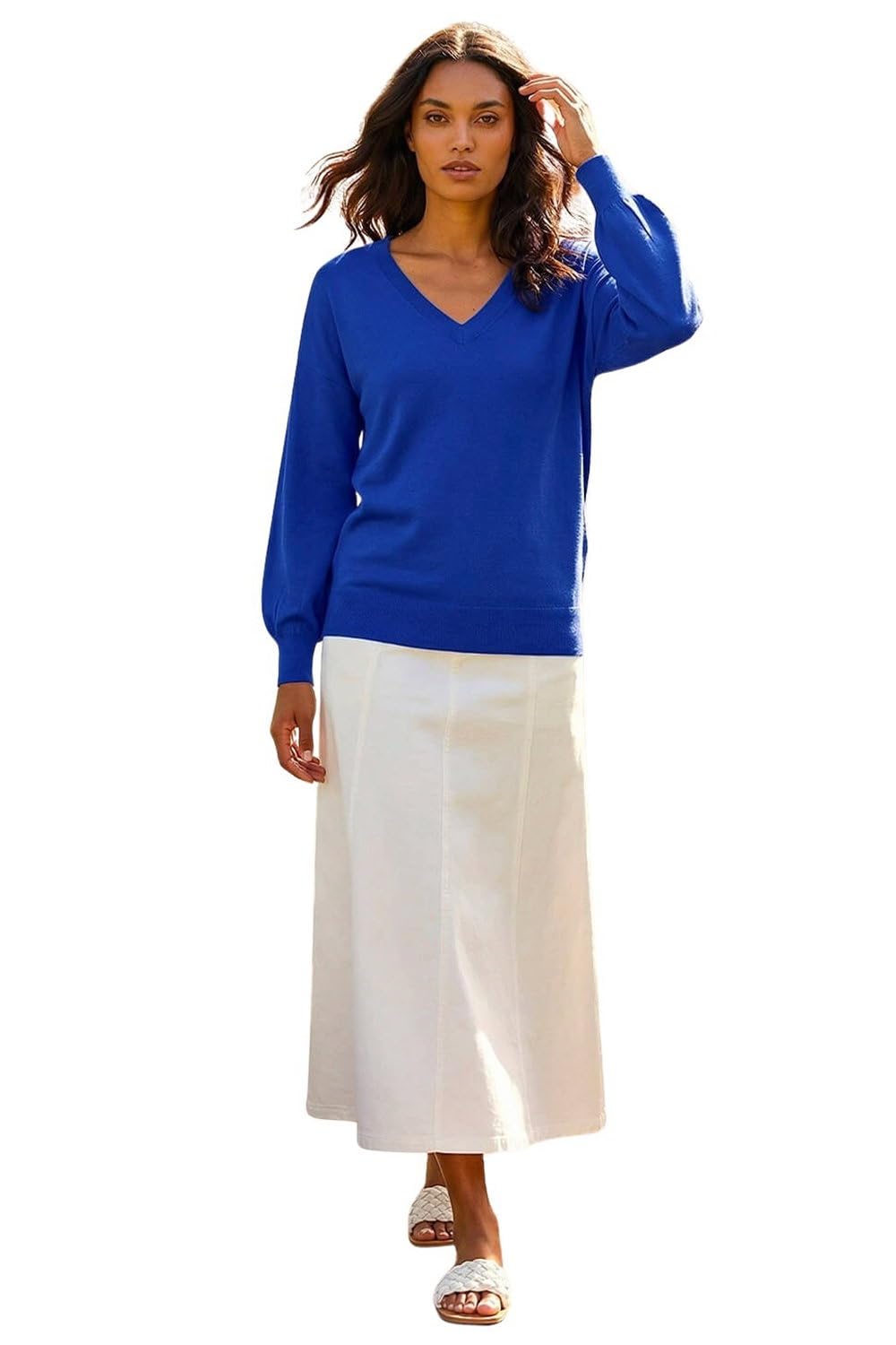 Roman Originals Women's Royal Blue Roman V-Neck Jumper For Uk Boyfriend Fit Slouch Sweater Winter Autumn Textured Casual Flattering Knit Pullover Knitwear Daywear Lightweight Lounge - Size 10