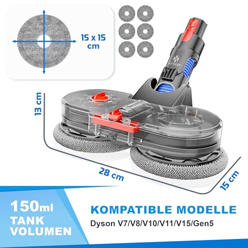 KESSER® Wischaufsatz für Dyson V7/V8/V10/V11/V15 Staubsauger Zubehör Aufsätze | Wischmopp mit Wassertank & 6 waschbaren Mops | Wischmop Aufsatz inkl. Füllbehälter | Bodenwischaufsatz für Glatte Böden – Bild 4