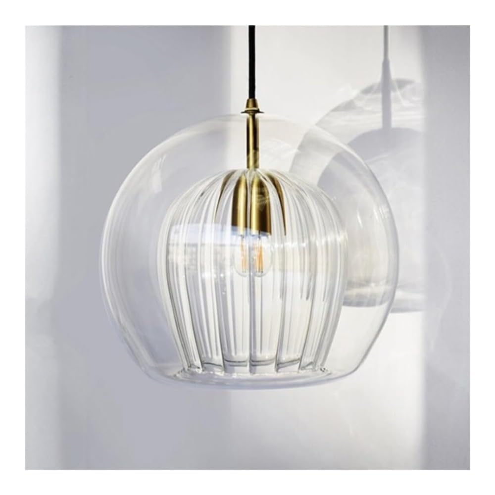 Vintage-Pendelleuchte, bernsteinfarbene, gerippte Glaskugel-Pendelleuchten mit doppeltem Schirm, Bauernhaus-Gold-Hängelampe for Kücheninsel(Clear,20cm)